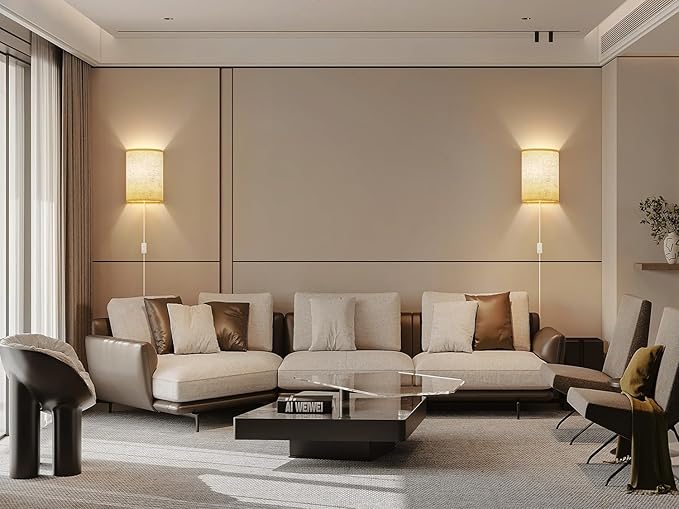 Plug in Wall Sconces Set of Two: Wall Lights with On/Off Switch - Stepless Color Temperature Wall Mount Lamps - Fabric Linen Wall Sconce for Bedroom Living Room & Hallway- Indoor Corded Wall Sconces