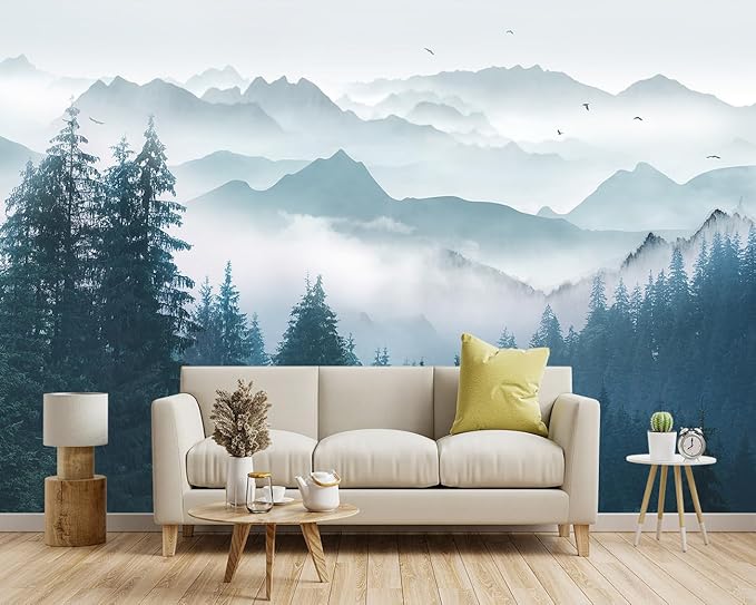 -Foggy Forest Pine Scenery Fabric Wallpaper Living Room Bedroom Bathroom Mountain Large Wall Mural- 183"x120"（ not Peel and Stick）