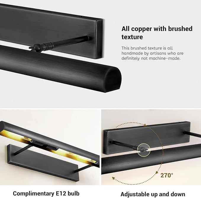 Matte Black Picture Lights for Wall, 30" Linear Picture Light Hardwired, 4-Light Bronze Art Light, Dimmable Gallery Light for Paintings, Warm White 270° Picture Frame Light for Bathroom, Living Room