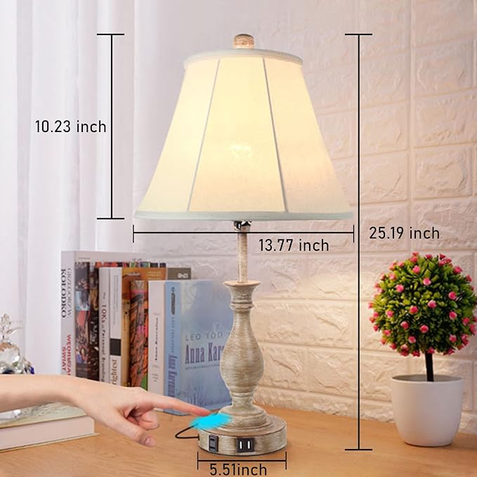Farmhouse Table Lamp Touch Control 3-Way Dimmable Table Lamp, Modern Nightstand Lamp with 2 USB Port Bedside Desk Lamp with Fabric Shade for Living Room Bedroom Hotel (Pack 1-Beige Shade)