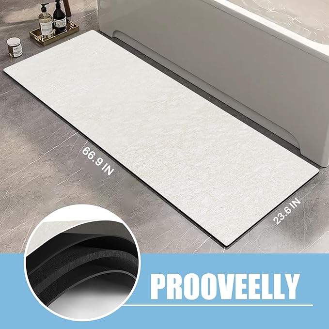 Extra Long Bathroom Rugs Diatomaceous Earth Bath mat Super Absorbent Quick Dry Non Slip Bath Mat Thin Runner Rug Fit Under Door-Shower Rug for in Front of Bathtub Shower, Beige, 23.6"x66.9"