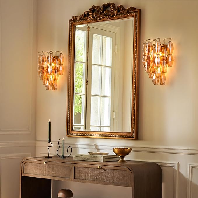 Brass Wall Sconce, Modern Gold Sconce Wall Lighting, Amber Glass Sconces for Bathroom, Luxury Wall Lights for Living Room, Wall Lamp for Bedroom, Vanity Light for Hallway, Staircase