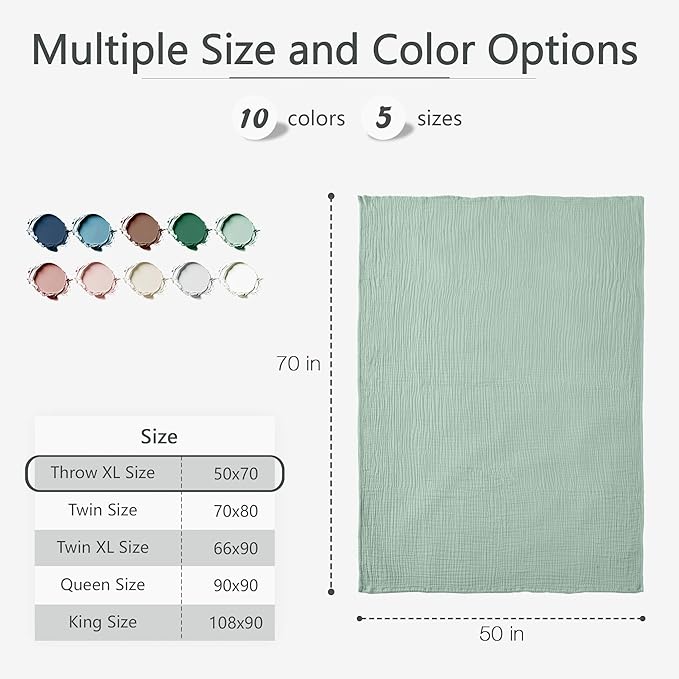 Carriediosa 100% Cotton Muslin Throw Blanket 50" X 70" Throw XL Size，4-Layers Summer Gauze Throws for Bed Couch，Soft Lightweight Breathable Linen Blankets Bedspread for Adults All Season，Sage Green