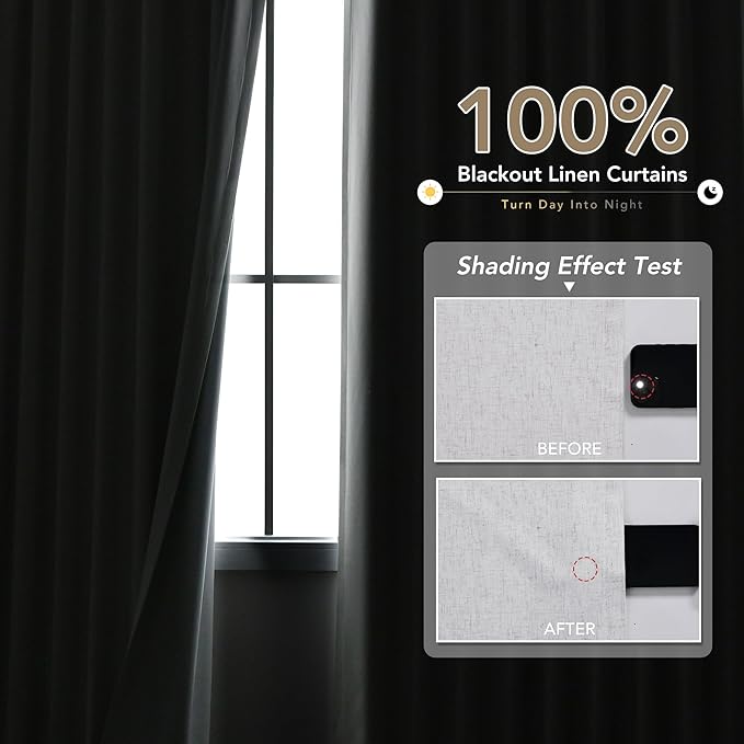 Grommet Grey Blackout Linen Curtains 96 inches Long for Bedroom Full Light Blocking Thermal Insulated Black Out Curtain Panels 96 Inch Length Energy Saving Room Darkening Curtain White Backing 8ft