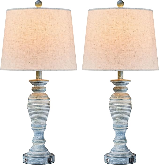 Blue Lamps Set of 2, 27.7" Table Lamps for Living Room with USB A+C Ports, Touch Lamp for Bedroom, 2 Bulbs Included