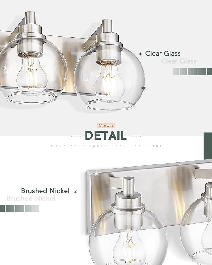 Bathroom Light Fixtures, 5 Light Brushed Nickel Vanity Light, 32 Inch Modern Wall Sconces with Globe Clear Glass Shade, Vanity Lighting Fixtures Over Mirror, VL195-BN-CL-5