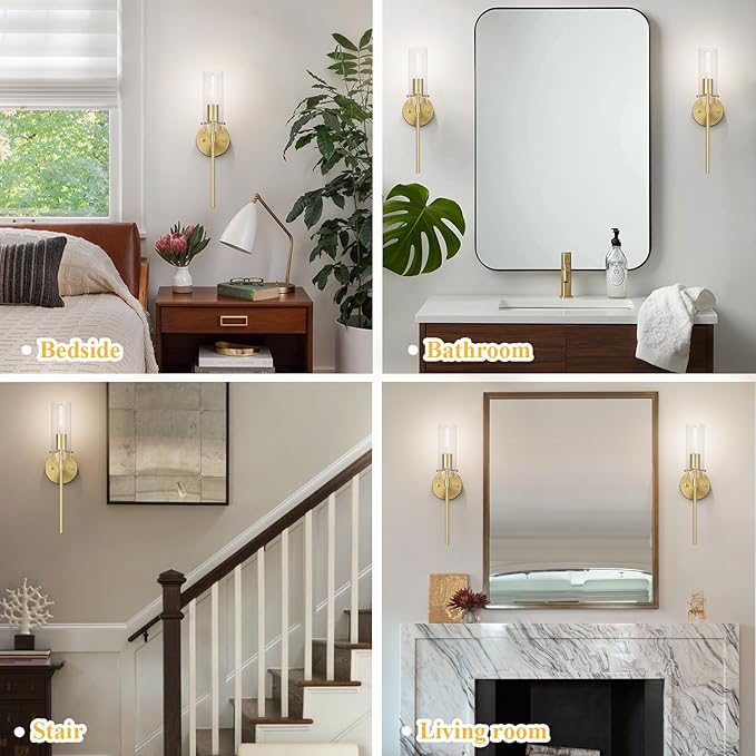 Wall Sconce Set of 2 Brass Wall Light, Farmhouse Vanity Light Fixture Modern Indoor Wall Light with Clear Glass Shade for Bathroom Bedroom Living Room Hallway Vanity
