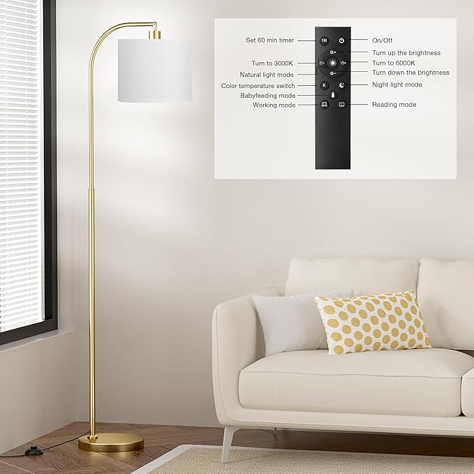 Arc Floor Lamp with Remote and Stepless Dimmable Bulb, Colors Temperature & Brightness Adjustable, Floor Lamps for Living Room（White Shade & Gold Pole）
