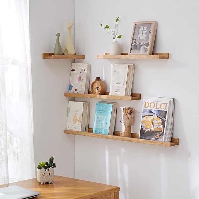 24 Inch Floating Shelves Wall Mounted, Rustic Wall Shelves for Decor and Storage, Natural Solid Oak Wood Shelf, Picture Ledge for Bedroom/Bathroom/Living Room/Kitchen, Natural Color, 24*4*1.5 (1 Pack)