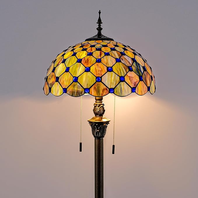 Tiffany Floor Lamp Stained Glass Pearls Beads Standing Reading Light 16x16x64 Inch Retro Inspired Pole Corner Lighting Art Decor for Bedroom Living Room Home Office (Gradient Green)