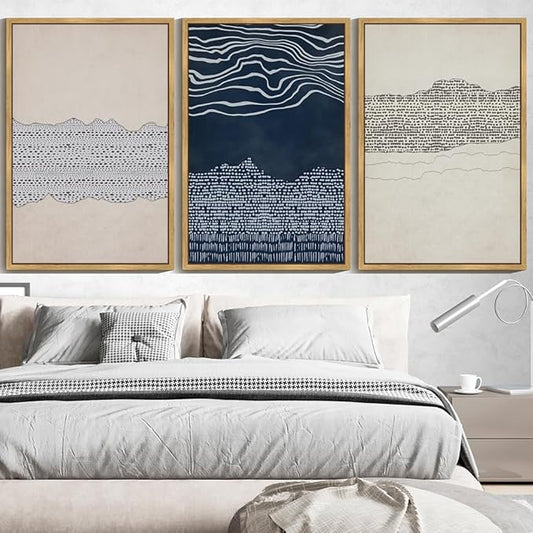 KUVIOKE Navy Blue Abstract Framed Wall Art Modern Neutral Minimalist Wooden Pastel Boho Wall Decor Farmhouse Rustic Art Painting Home Decor 24x36in (Natural Framed)