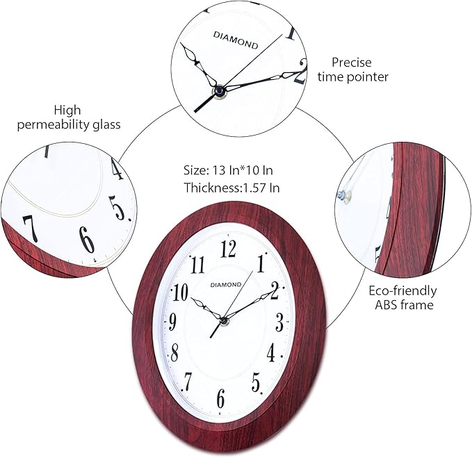 Vintage Wall Clock Retro Oval Wall Clocks Silent Non Ticking Quartz Battery Operated Easy to Read Decorative for Cafe Kitchen Living Room Bedroom Bathroom Decor by 13 inch