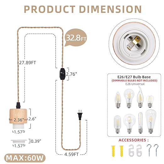 Arturesthome Pendant Light Cord - Hanging Light Kit with Dimmable Switch Vintage Lamp Cord with Twisted Nylon Lights Socket E26 E27 for Farmhouse Lamp Cable DIY (32.8FT, Cylinder Shape)