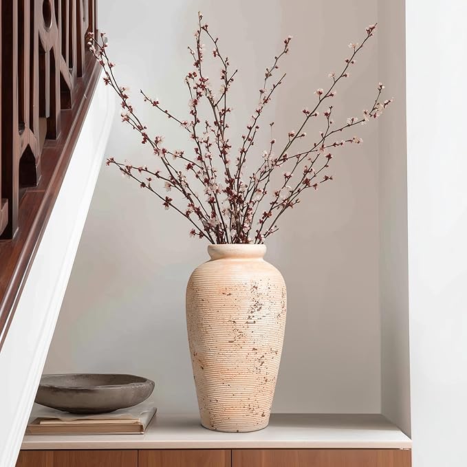 Ceramic Flower Vase, 11 inch Rustic Farmhouse Vase, Pottery Decorative Vases for Home Decor, Living Room, Shelf, Mantle, Entryway, Table Decor, White