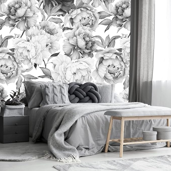 Gray Peonies Wallpaper Watercolor Floral Mural Wallpaper for Nursery(Not Peel n' Stick)