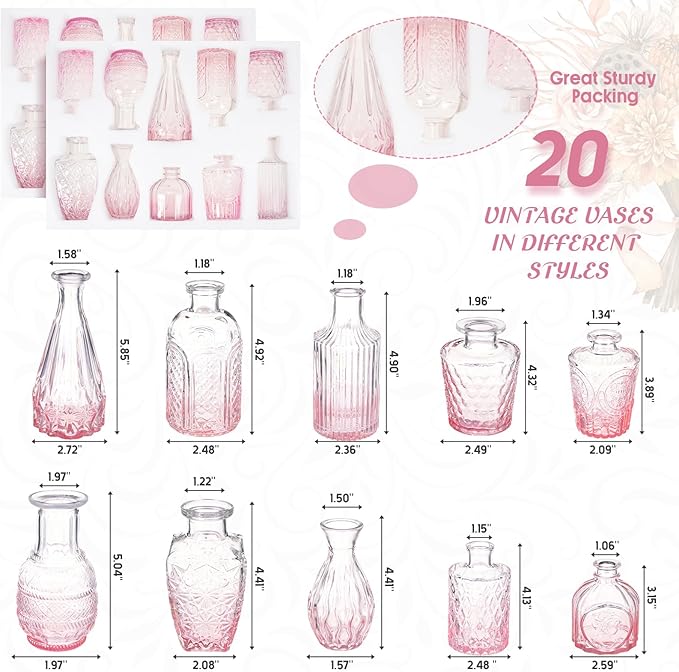 Inbagi Glass Vase, 20 Pcs Set of Small Vintage Flower Vases in Gradient Pink, Decorative Centerpieces for Home, Wedding Table, Christmas Decoration