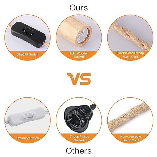 Arturesthome Wood Pendant Light Cord Kit with Switch, 5FT Vintage Industrial Hanging Light Plug in Lamp Cord with Twisted Nylon Rope Lights Socket E26 E27 for Farmhouse Lamp Cable Retro DIY (5FT)