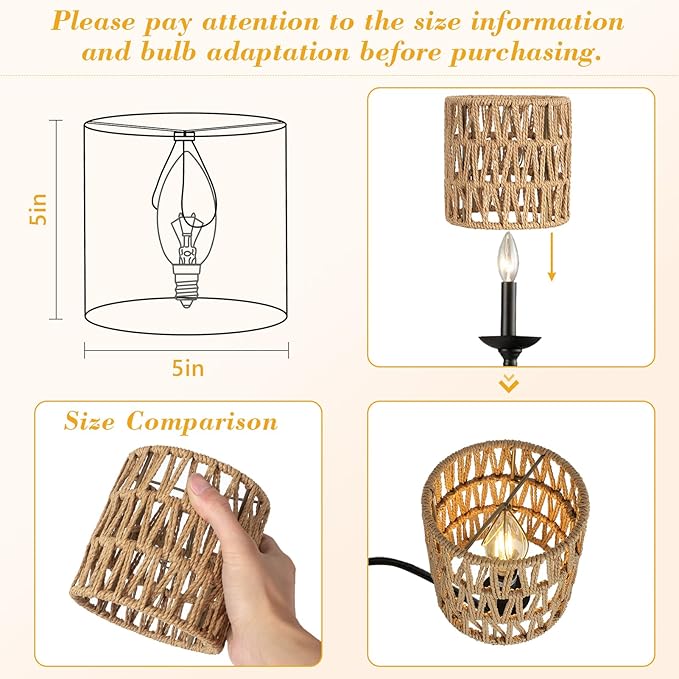 5.0 x 5.0in Chandelier Shades Set of 6, Small Rattan Lamp Shades Clip on Bulb, Boho Lamp Shades Replacement, Mini Cylinder Woven Lampshade, Clip on Lamp Shade for Floor Lamp Pendant Light Wall Sconces