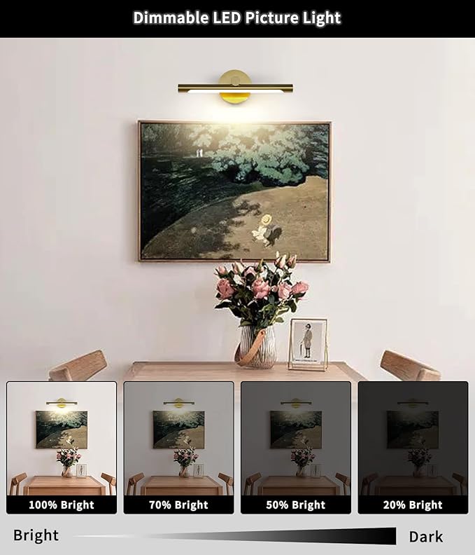 JUSHENG Picture Lights for Wall Gold Hard-Wired Connection Gallery Light Dimmable Modern LED Picture Light Artwork Light 16.33'' Inch 7W Warm White