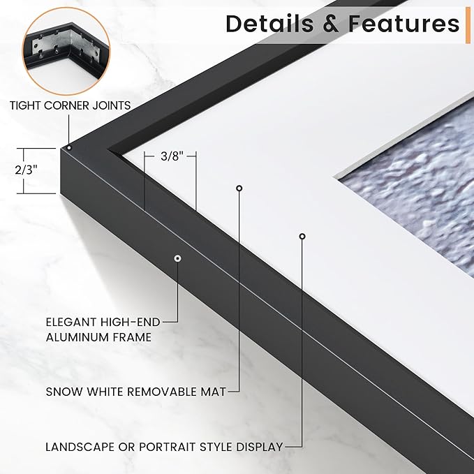 8x10 inch Metal Picture Frame - 8 x 10 Thin Aluminum Photo Frames with 5x7 Removable Mat - High Definition Plexiglass - Ideal for Wall or Tabletop Display - Wall Hook Hanging Hardware Included - Black, Set of 4