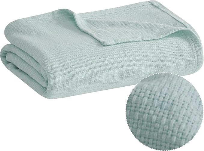 Madison Park Freshspun Basketweave Luxury Cotton Blanket Blue 66x90" Twin Size Basketweave Premium Soft Cozy 100% Cotton For Bed, Couch or Sofa