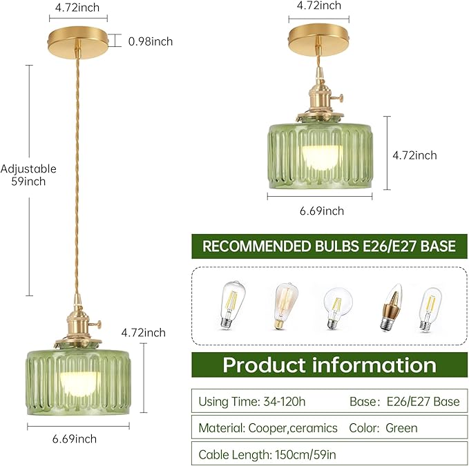 Battery Operated Pendant Light 5000mAh Rechargeable Chandelier with Remote Control Wireless Adjustable Hanging Green Striped Light for Kitchen Island Dining Room Hallway, 2 Pack