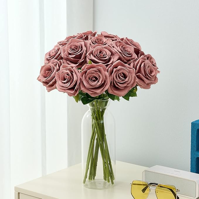 15pcs Dusty Rose Artificial Flowers Roses Fake Silk Flowers Faux Long Stem Artificial Roses for Wedding Party Bridal Show Decorations (VASE is NOT INVLUDED)