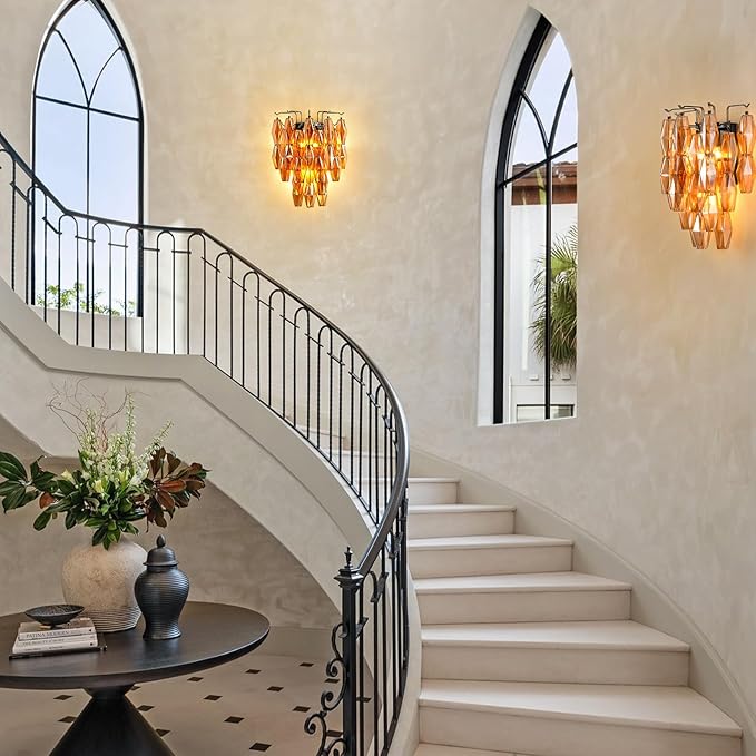 Black Wall Sconce, Modern Black Sconce Wall Lighting, Amber Glass Sconces for Bathroom, Luxury Wall Lights for Living Room, Wall Lamp for Bedroom, Vanity Light for Hallway, Staircase