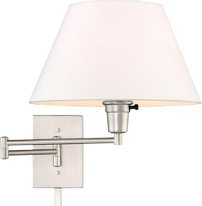 Kira Home Cambridge 15" Swing Arm Wall Lamp - Plug in/Wall Mount + White Fabric Shade, 150W 3-Way + Cord Covers, Satin Nickel Finish