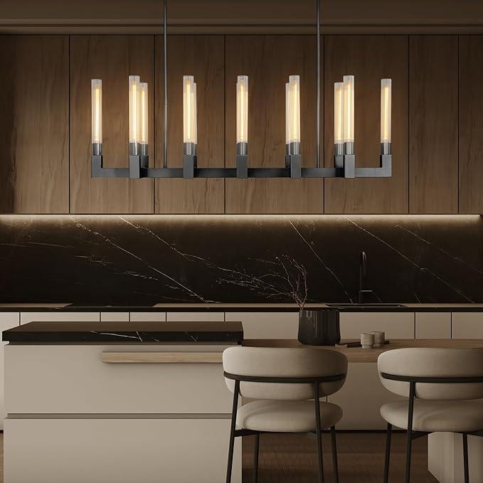Black 12-Lights Modern Chandelier with Glass Tube, 54in Chandeliers Rectangular Luxurious Large Chandelier Fixture Ceiling Pendant Lighting for Dining Living Room, Foyer