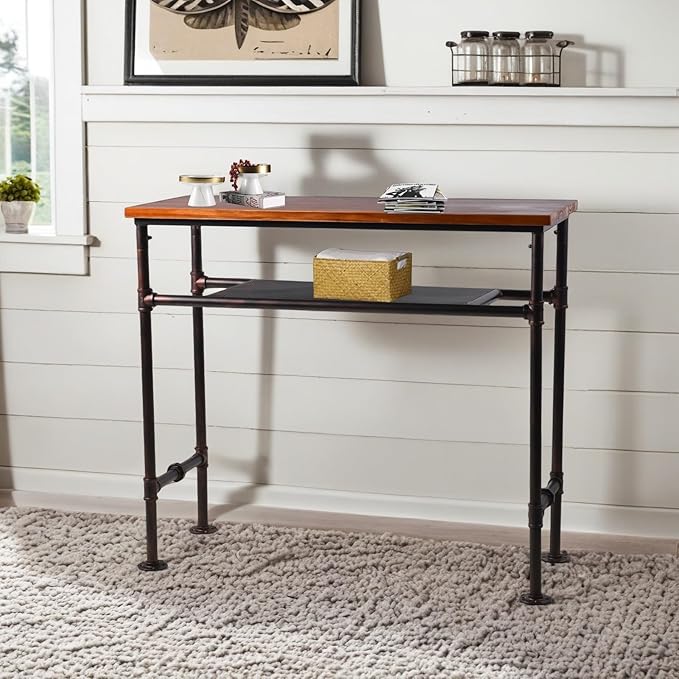 Industrial Rectangle Bar Table for 4-5 People 41.3inch Height Rustic Pipe Design Dining Table Office Meeting Computer Desk Narrow Display Stand in Hallway with 2 Tier Storage