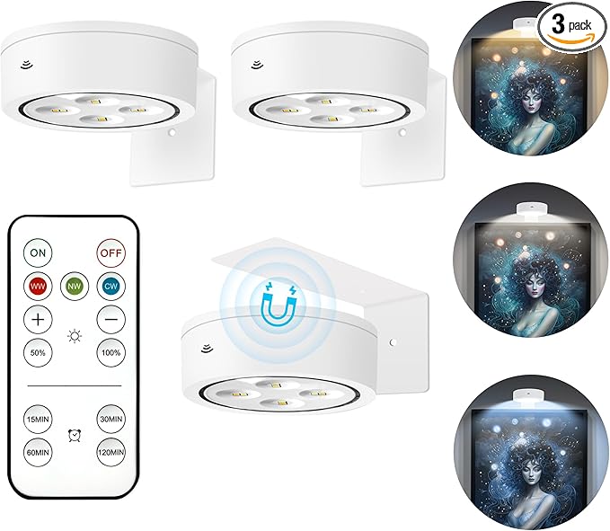 3Pcs Picture Light Battery Operated, Wireless Led Painting Light with Remote Dimmable and Timer, 3 Lighting Modes Art Display Light for Picture Frame Artworking Portrait, Wall Decorative Puck Lights
