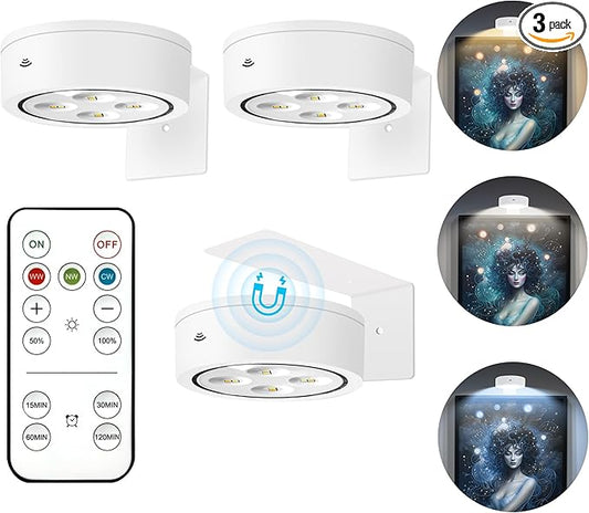 3Pcs Picture Light Battery Operated, Wireless Led Painting Light with Remote Dimmable and Timer, 3 Lighting Modes Art Display Light for Picture Frame Artworking Portrait, Wall Decorative Puck Lights