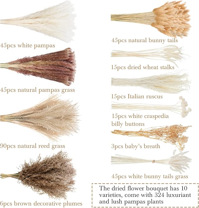 Treela 324 Pcs Dried Pampas Grass Decor 17 Inch White Pampas Reed Grass Fluffy Wedding Boho Flowers 10 Various Natural Dried Flower Bouquet Bunny Tails for Home Table Decor Rustic Farmhouse Party