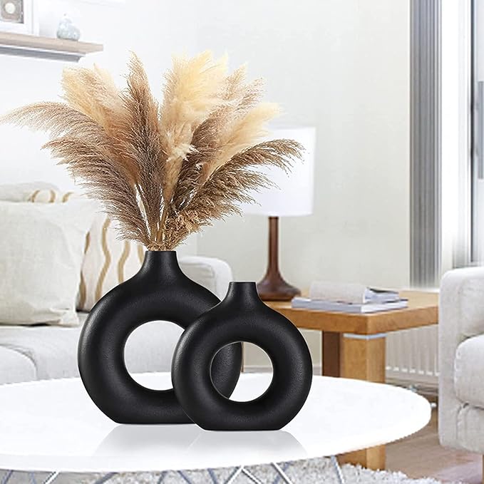 Black Ceramic Vases Set of 2, Modern Design for Home Decor,Black Style for Pampas Grass Matte Ceramic Vase for Farmhouse Living Room Kitchen Bedroom Mantle Coffee Dining Table Decoration
