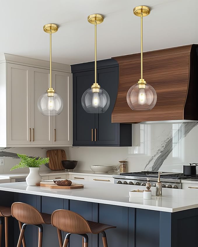 8 inch Modern Gold Pendant Light Fixtures, Mid Century Globe Pendant Lights with Clear Glass, 1 Light Hanging Lights for Kitchen Island, Bathroom, Dining Room (1 Pack), PL101BG-L