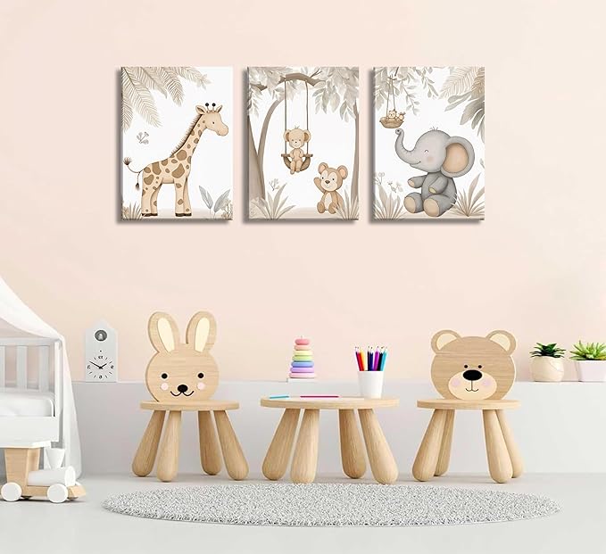 3Pcs Woodland Animal Nursery Canvas Wall Art Neutral Safari Animal Jungle Paintings Pictures Wall Decor Giraff Monkey Elephants Watercolor Poster Printing Artwork for kids room Home Decoration