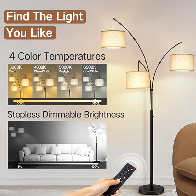 OUTON Arc LED Floor Lamp with Remote Control, Dimmable Modern Black 3 Light Arched Tall Floor Lamp, Mid Century Adjustable Standing Corner Lamps for Bedroom, Office, Living Room, Beige Lampshade