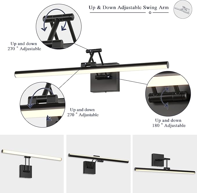 Joossnwell Picture Light for Painting Black Art Light Hard-Wired Picture Frame Light 23.62 Inch Dimmable Gallery Wall Light with Adjustable Swing Arm for Painting Library Museum Warm White