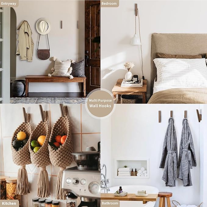 Wooden Wall Hooks 4 Pack Coat Hooks Mounted Walnut Wooden Hooks for Wall Hanging Hat, Towel, Bag, Backpack, Decorative Wood Heavy Duty Hook for Entryway and Bathroom (Walnut, Light)