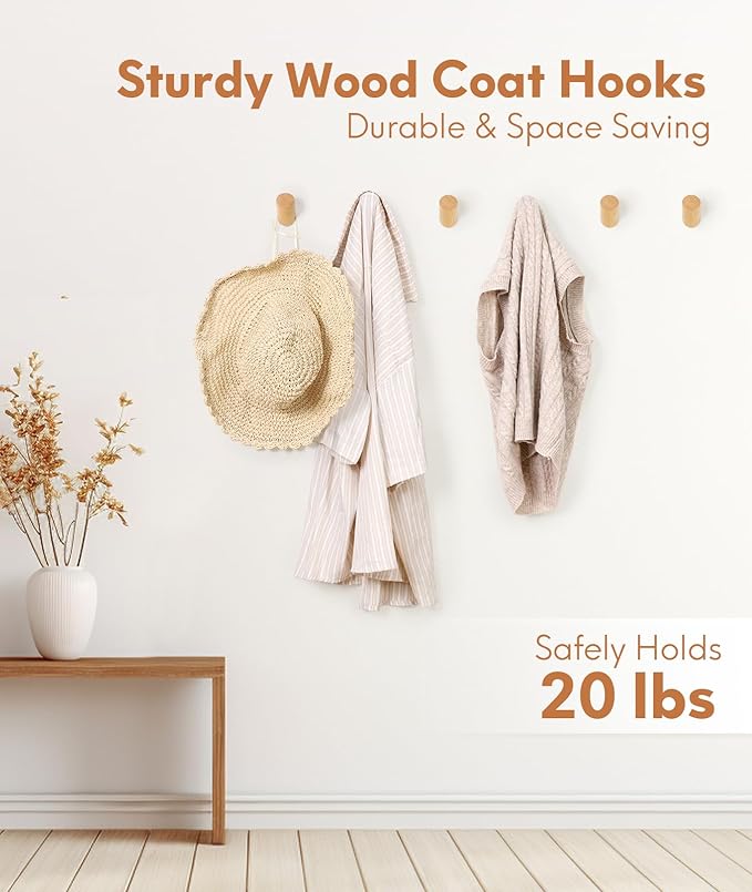 Wood Wall Hooks for Hanging, 8 Pack Hat Hook for Walls, Coat Hook Wall Mount, Backpack Hooks for Walls, Bathroom Towel Hanger (Natural)