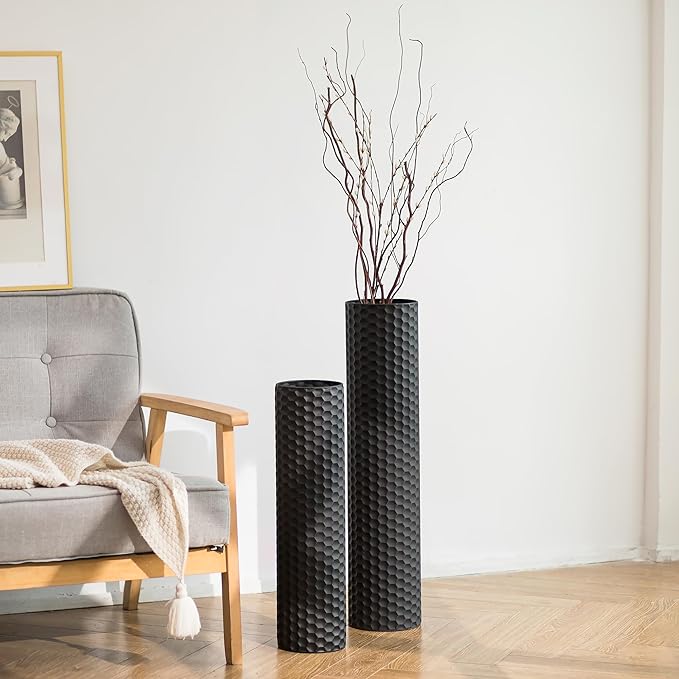Sziqiqi Black Cylinder Tall Floor Vase: 27.6/21.7in Metal Extra Large Decorative Vase Set of 2 Living Room Modern Honeycomb Texture Big Standing Vase for Dining Bedroom Home Corner Indoor Office