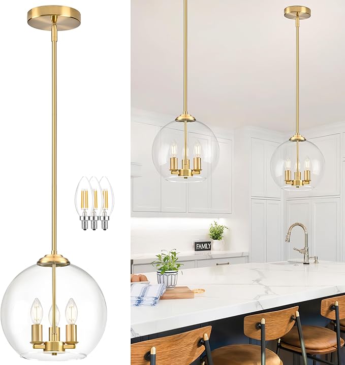 12" Gold Pendant Lights Glass Globe Pendant Light Fixture Bedroom Mid Century Modern Pendant Lighting Brass Pendant Light for Kitchen Island Bedroom Living Room Dinning Room (Bulb Incl.)