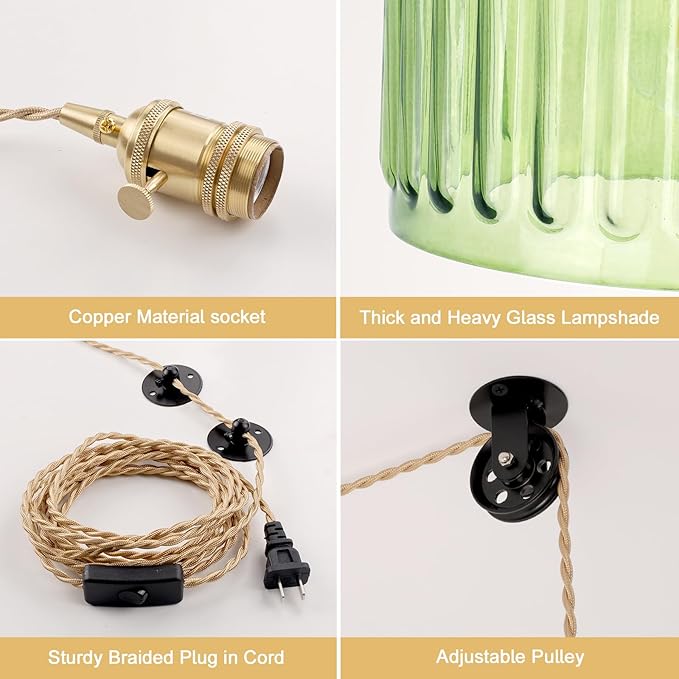 Plug in Pendant Light Hanging Light Fixture Corded On/Off Switch Brass Pendant Light with Green Striped Glass Lampshade for Bedroom Living Room Kitchen Island