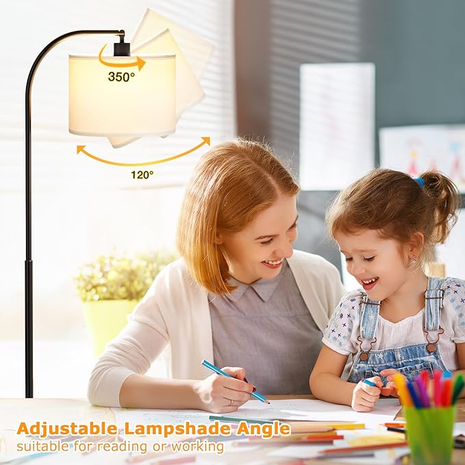 Arc Floor Lamp with Remote and Stepless Dimmable Bulb, Colors Temperature & Brightness Adjustable, Floor Lamps for Living Room（White Shade & Black Pole）