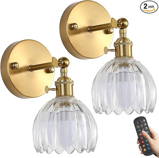 Battery Operated Wall Sconce Set of 2 with Translucent Floral Glass Shade Vintage Wireless Wall Light with Remote Control for, Living Room, Bedroom, Dressing Table Timer/Memory Function/Dimmer