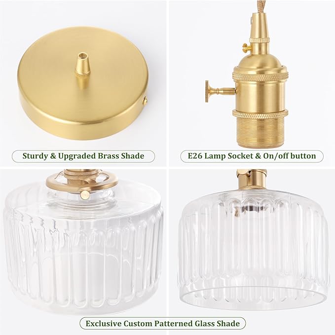 Pendant Light with Clear Striped Glass Lmapshade, Brass Vintage Pendant Light Adjustable Hanging Light for Kitchen Island Dining Room Hallway