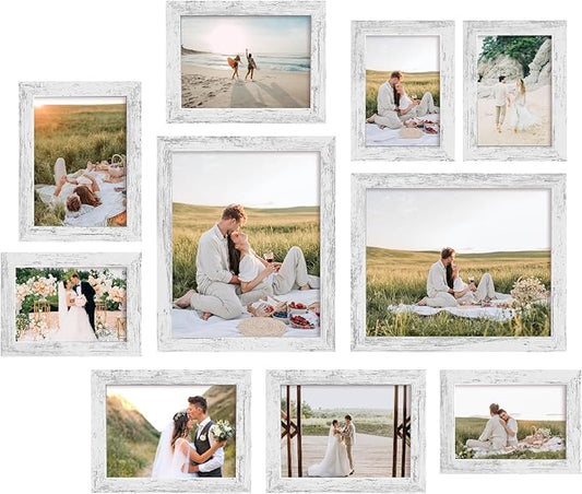 Collage Picture Frames Set of 10, Wall Decor for Mounting or Tabletop Display, Family Photo Gallery Frame Set - Multi Sizes Including Two 8x10, Four 5x7, Four 4x6, HD Glass, Rustic Wood