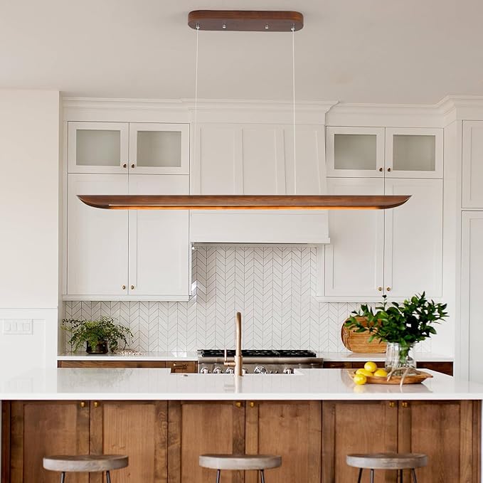 39" Wood Linear Pendant Light Modern Dimmable Kitchen Island Lighting with Remote 24W LED Island Lights Adjustable Linear Chandelier for Dinning Room Light Fixture, Bar, Pool Table Light Walnut Color