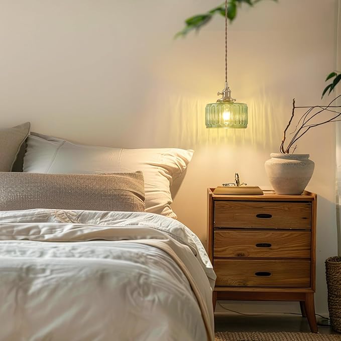 Pendant Light with Green Striped Glass Lmapshade, Brass Vintage Pendant Light Adjustable Hanging Light for Kitchen Island Dining Room Hallway